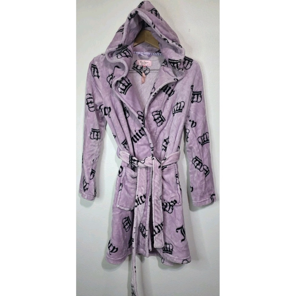 NEW Juicy Couture Pink Purple Logo Plush Robe S/M Belt Wrap Y2K Hooded Pockets